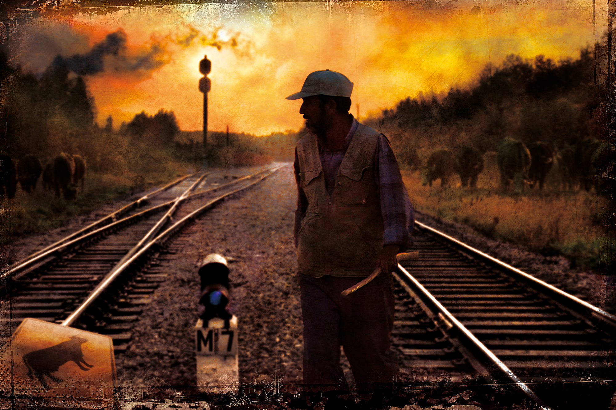 Un allevatore al tramonto guarda un segnale stradale raffigurante una mucca. Il pastore sta camminando tra due binari del treno con un bastone di legno in mano. Immagine fotoritoccata con Adobe Photoshop per la rivista Foto Cult.