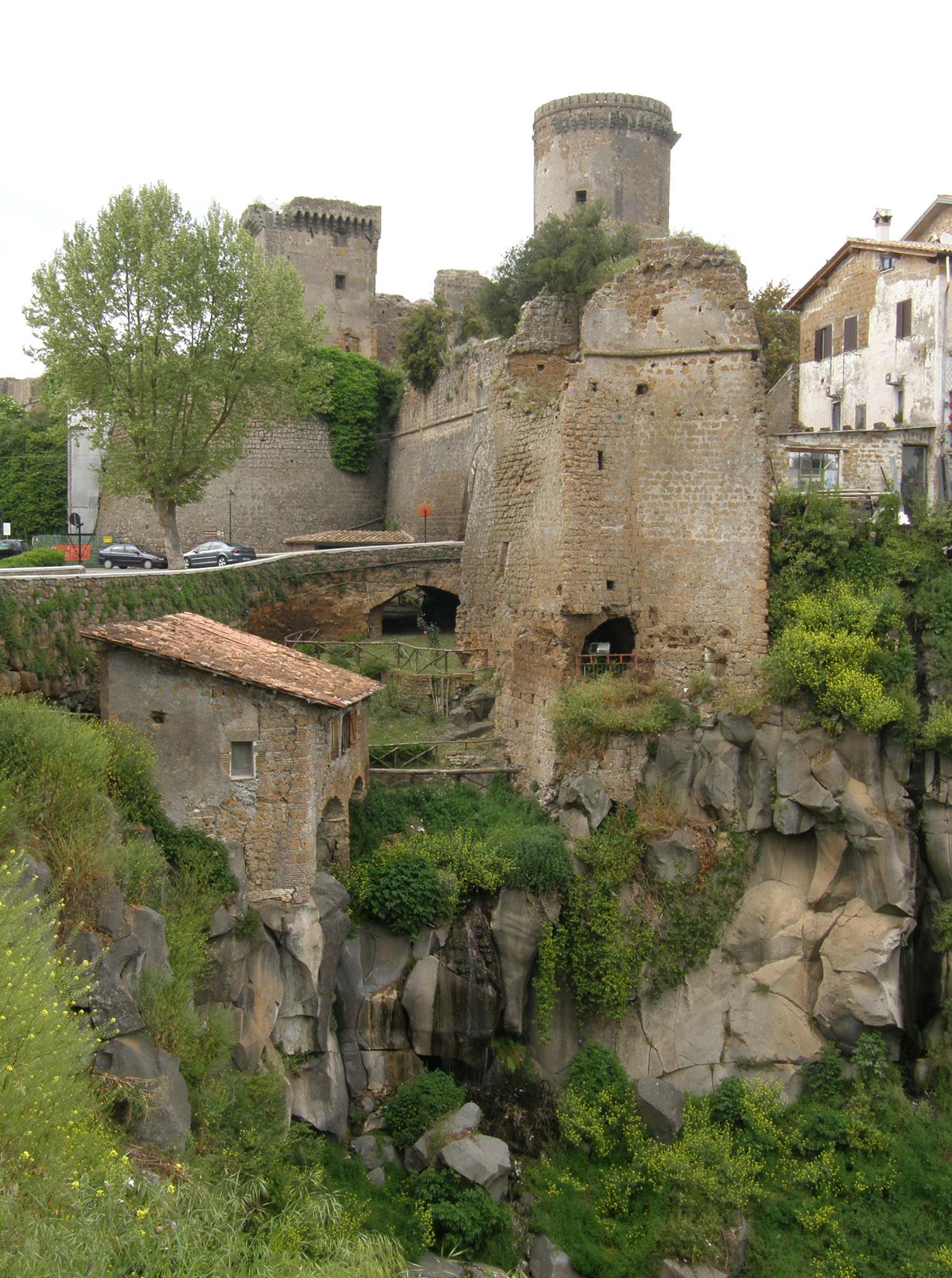 Ruderi di un Castello prima del fotoritocco, con due auto sullo sfondo e vegetazione selvaggia.