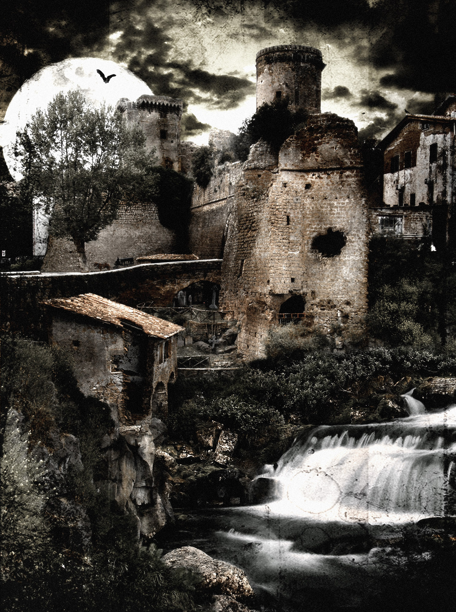 Castello di Dracula con pipistrello e luna piena. Dei ruderi in un'atmosfera Horror, si ergono su ai bordi di un fiume. Foto pubblicata sulla rivista Foto Cult.